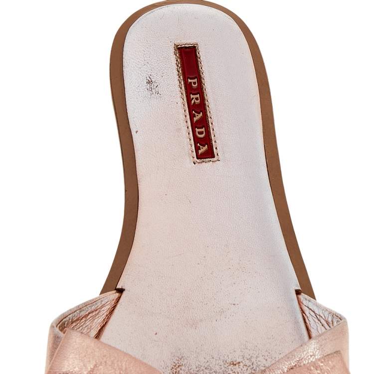 Pre Owned Prada Pink Leather Bow Slide Sandals Size 38