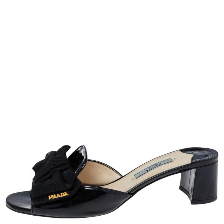 Prada Black Patent Saffiano Leather Bow Block Heel Slide Sandals Size 37  Prada | TLC
