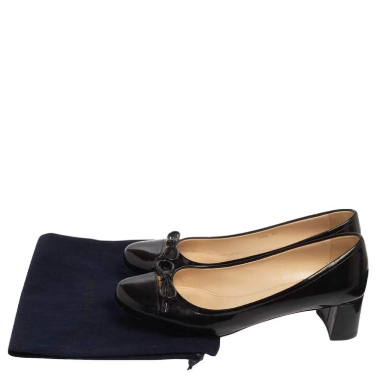 Pre Owned Prada Sport Black Patent Leather Bow Block Heel Pumps Size 36.5