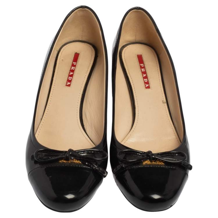 Pre Owned Prada Sport Black Patent Leather Bow Block Heel Pumps Size 36.5