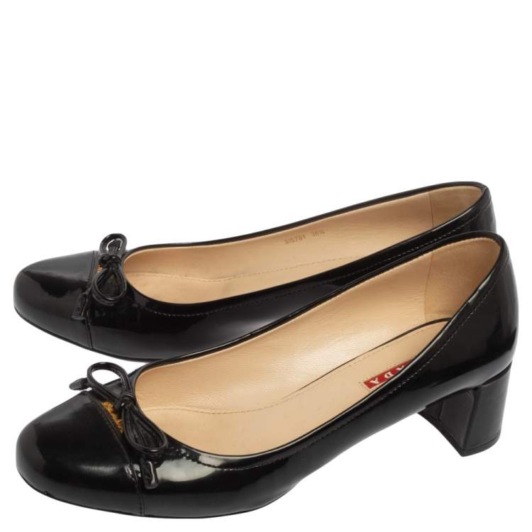 Pre Owned Prada Sport Black Patent Leather Bow Block Heel Pumps Size 36.5