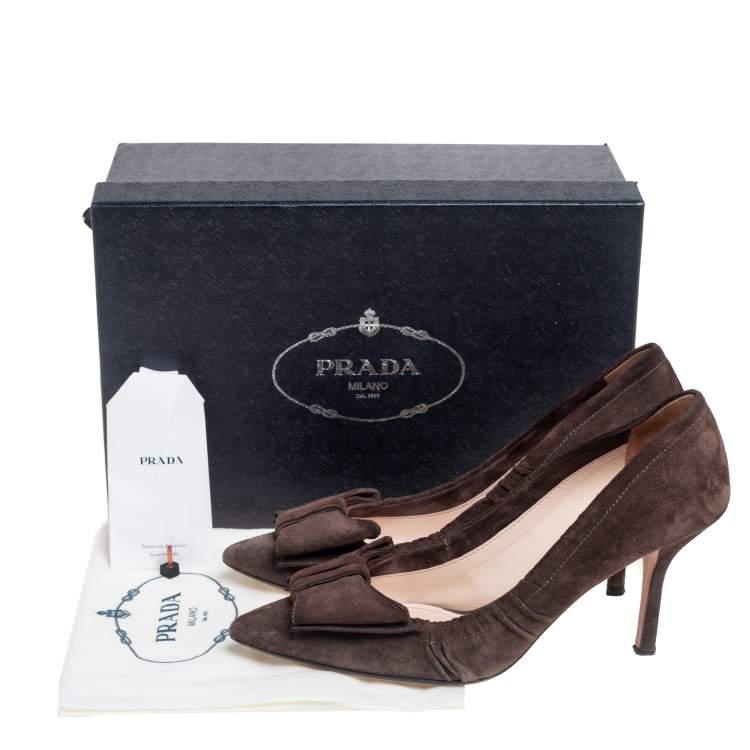 Pre Owned Prada Dark Brown Pleated Suede Pointed Toe Bow Pumps Size 39.5