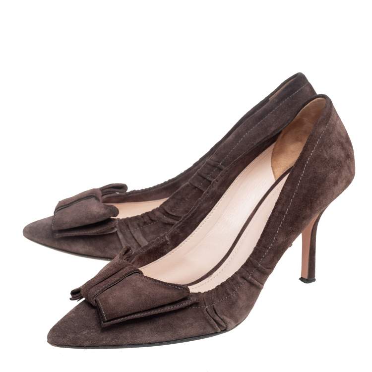 Pre Owned Prada Dark Brown Pleated Suede Pointed Toe Bow Pumps Size 39.5