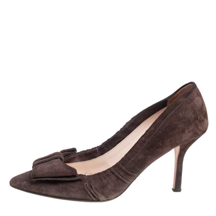 Pre Owned Prada Dark Brown Pleated Suede Pointed Toe Bow Pumps Size 39.5