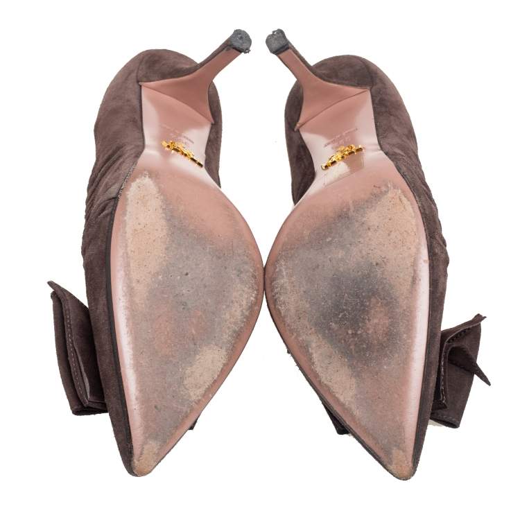 Pre Owned Prada Dark Brown Pleated Suede Pointed Toe Bow Pumps Size 39.5