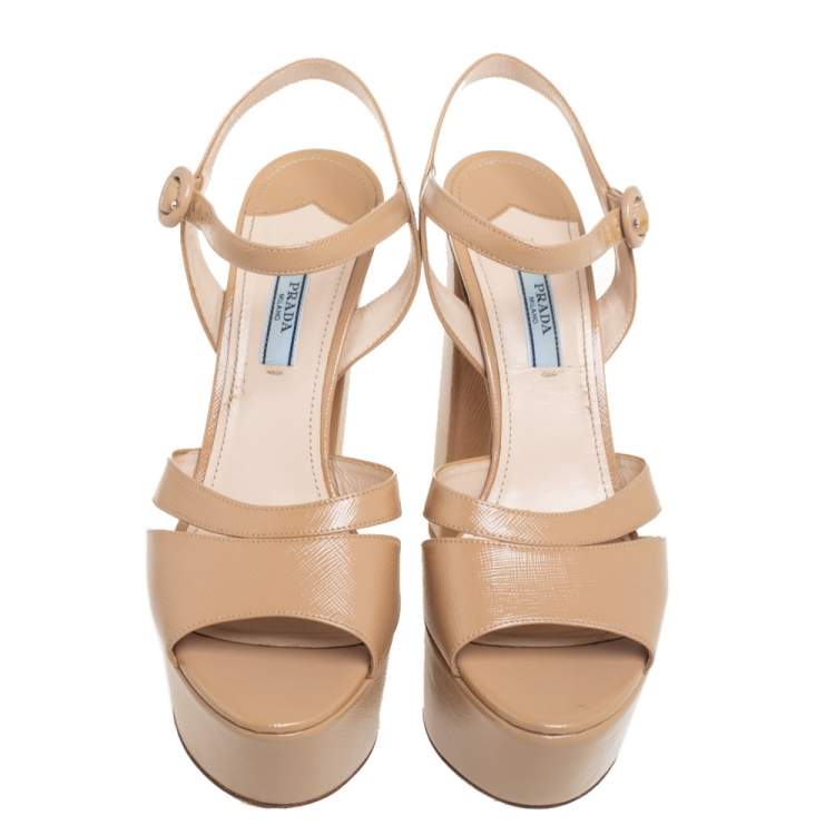 Pre Owned Prada Beige Patent Leather Platform Ankle Strap Sandals Size 39