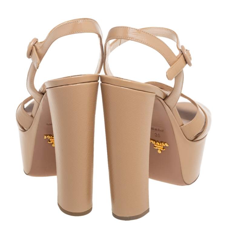 Pre Owned Prada Beige Patent Leather Platform Ankle Strap Sandals Size 39