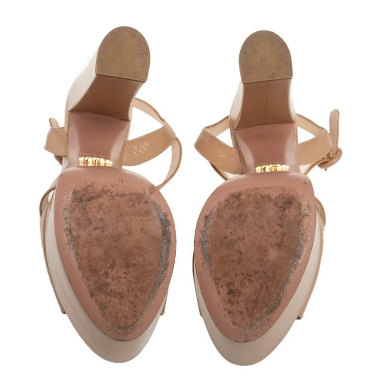 Pre Owned Prada Beige Patent Leather Platform Ankle Strap Sandals Size 39