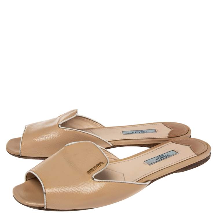 Pre Owned Prada Beige Patent Leather Logo Embellished Flat Slides Size 37.5