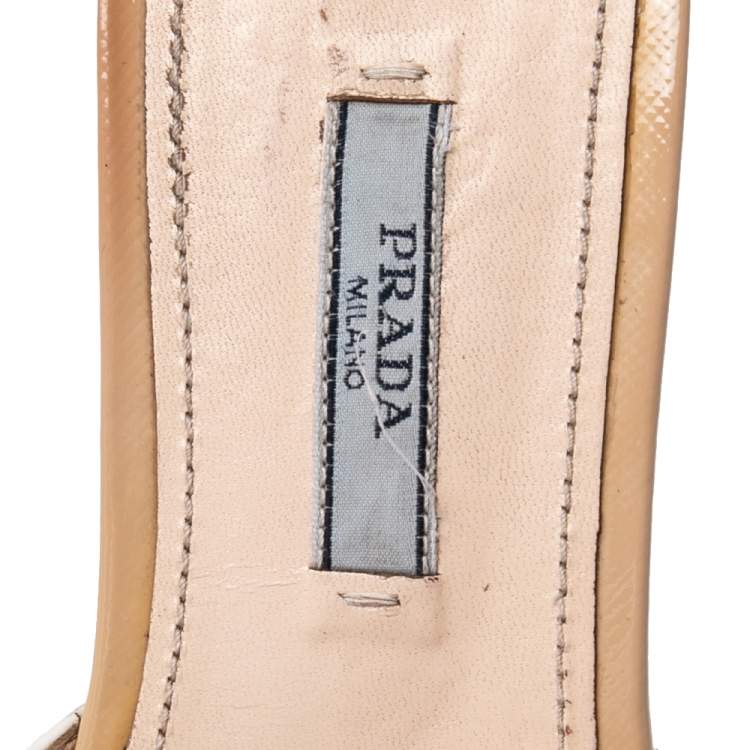 Pre Owned Prada Beige Patent Leather Logo Embellished Flat Slides Size 37.5