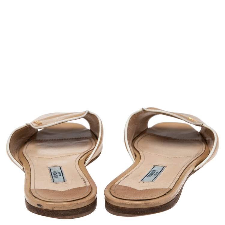 Pre Owned Prada Beige Patent Leather Logo Embellished Flat Slides Size 37.5