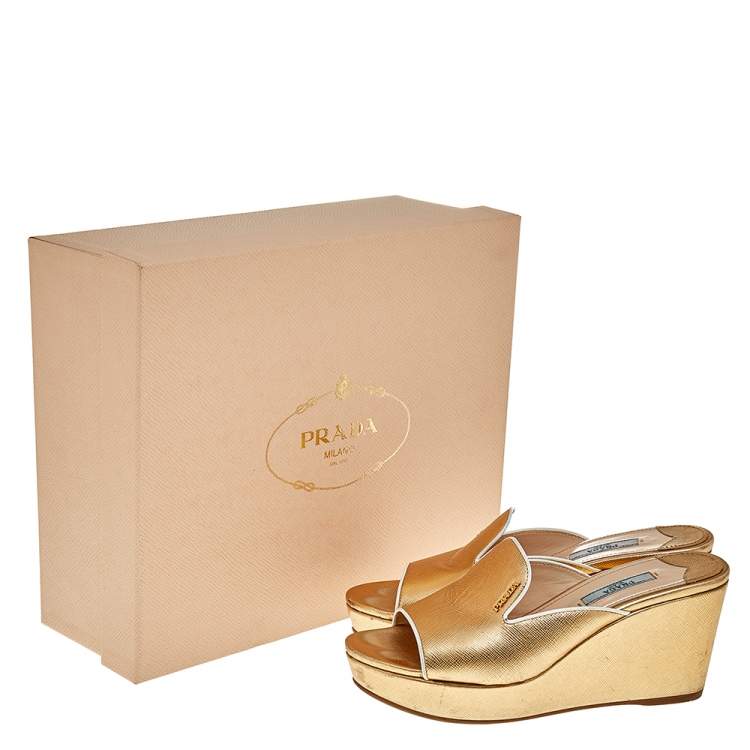 Pre Owned Prada Gold Saffiano Lux Leather Wedge Platform Slide Sandals Size 36 
