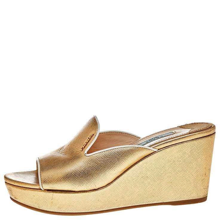 Pre Owned Prada Gold Saffiano Lux Leather Wedge Platform Slide Sandals Size 36 