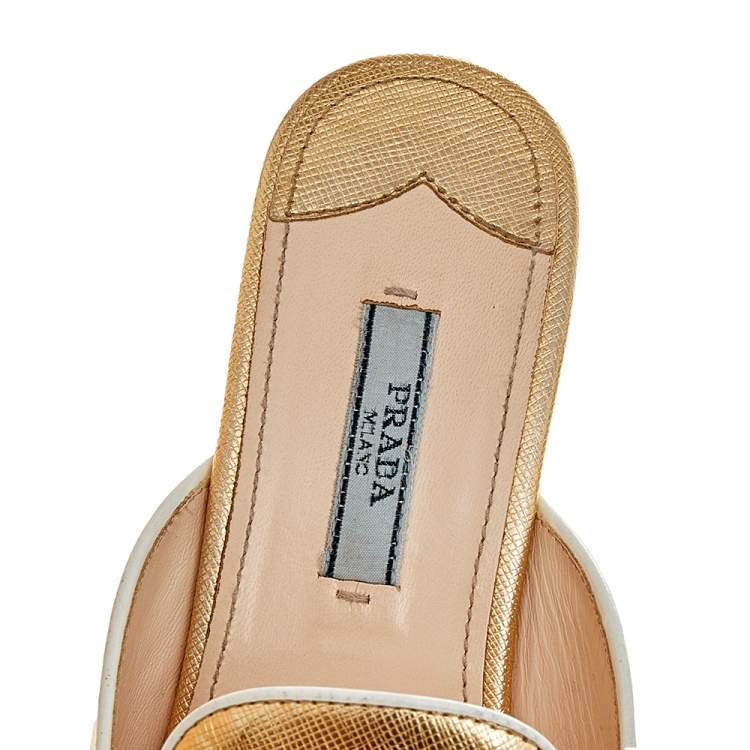 Pre Owned Prada Gold Saffiano Lux Leather Wedge Platform Slide Sandals Size 36 