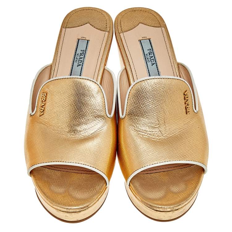 Pre Owned Prada Gold Saffiano Lux Leather Wedge Platform Slide Sandals Size 36 