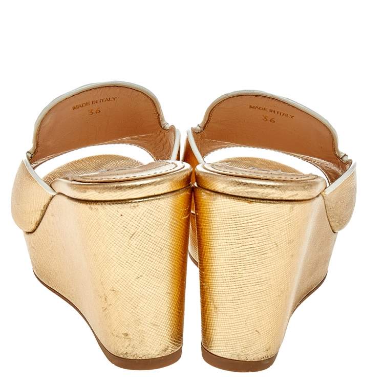Pre Owned Prada Gold Saffiano Lux Leather Wedge Platform Slide Sandals Size 36 