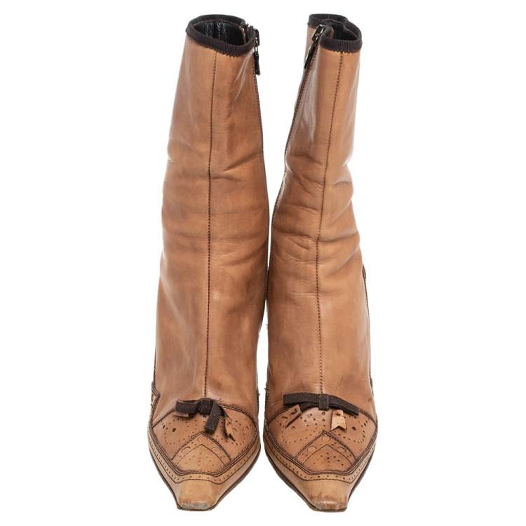 Pre Owned Prada Tan Brogue Leather Square Toe Mid Calf Boot Size 36.5