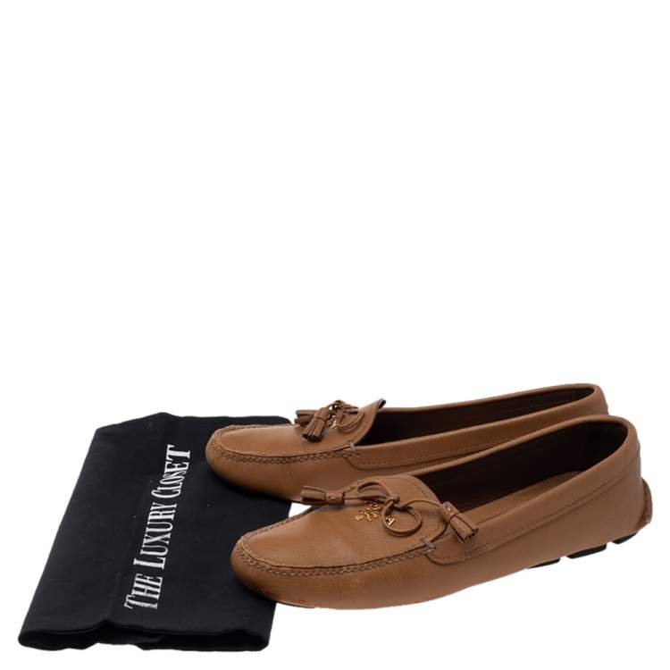 Pre Owned Prada Tan Saffiano Leather Bow Loafers Size 38.5