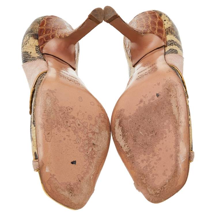 Pre Owned Prada Multicolor Lizard Leather And Suede Open Toe Pumps Size 36.5