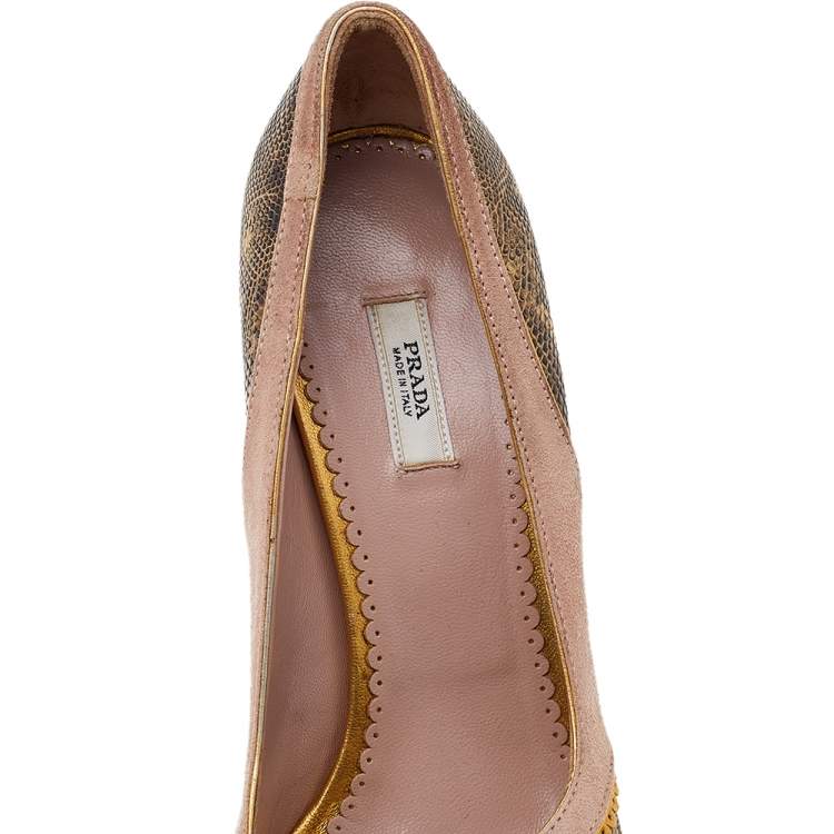 Pre Owned Prada Multicolor Lizard Leather And Suede Open Toe Pumps Size 36.5