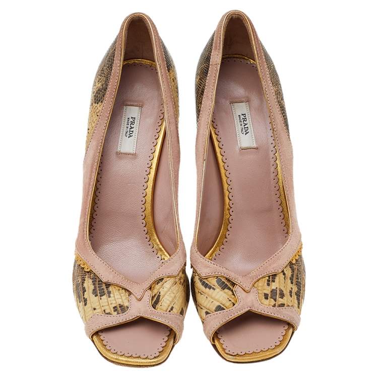 Pre Owned Prada Multicolor Lizard Leather And Suede Open Toe Pumps Size 36.5