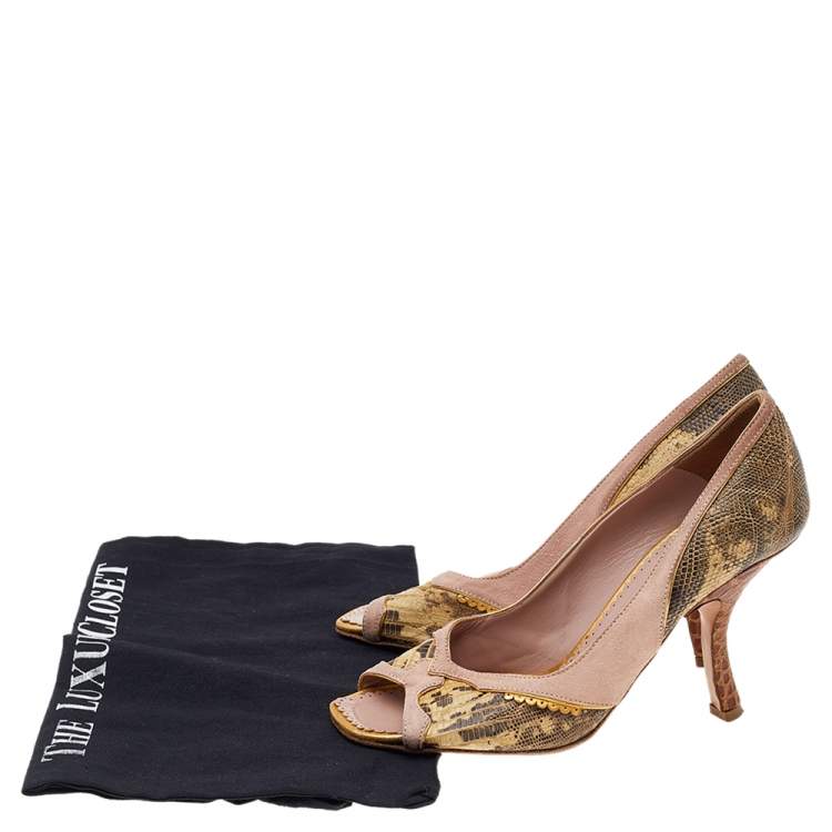 Pre Owned Prada Multicolor Lizard Leather And Suede Open Toe Pumps Size 36.5