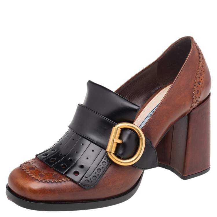 Prada Brown/Black Brogue Leather Fringe Block Heel Loafer Pumps Size 37 ...
