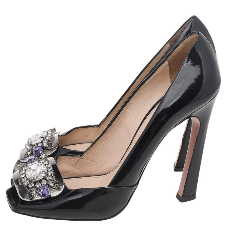 Pre Owned Prada Black Patent Leather Crystal Embellished Open Toe Pumps Size 39