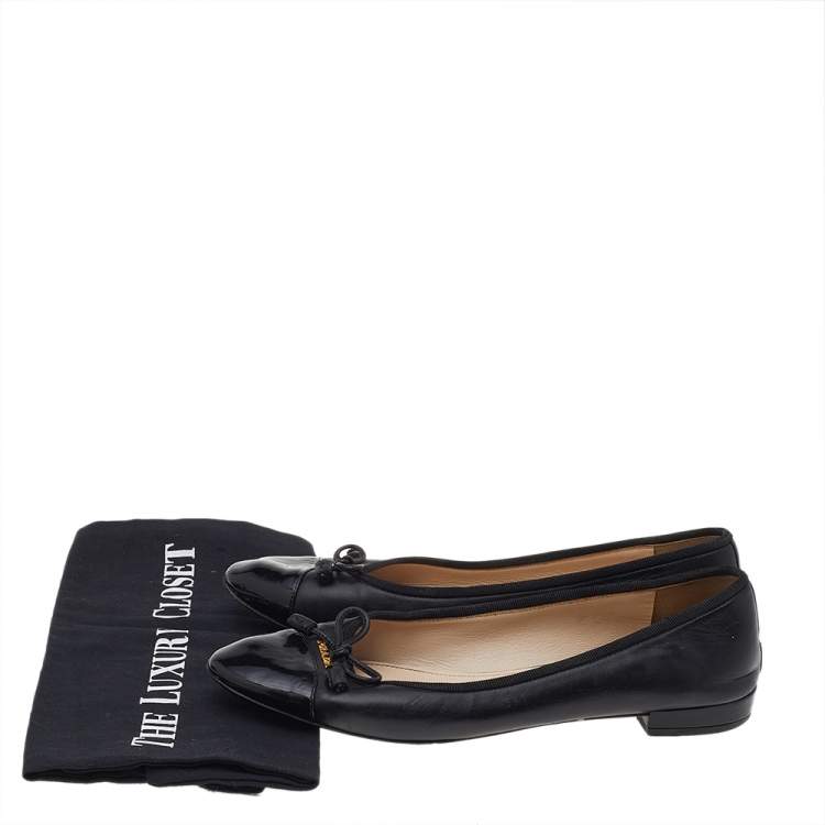 Pre Owned Prada Black Leather And Patent Leather Bow Cap Toe Ballet Flats Size 37