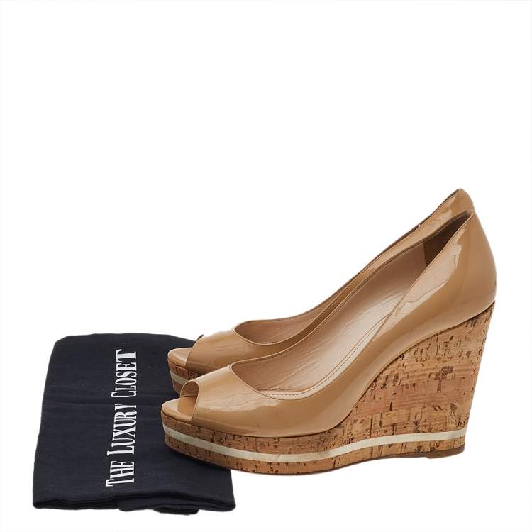 Pre Owned Prada Beige Patent Leather Peep Toe Cork Wedge Pumps Size 38.5