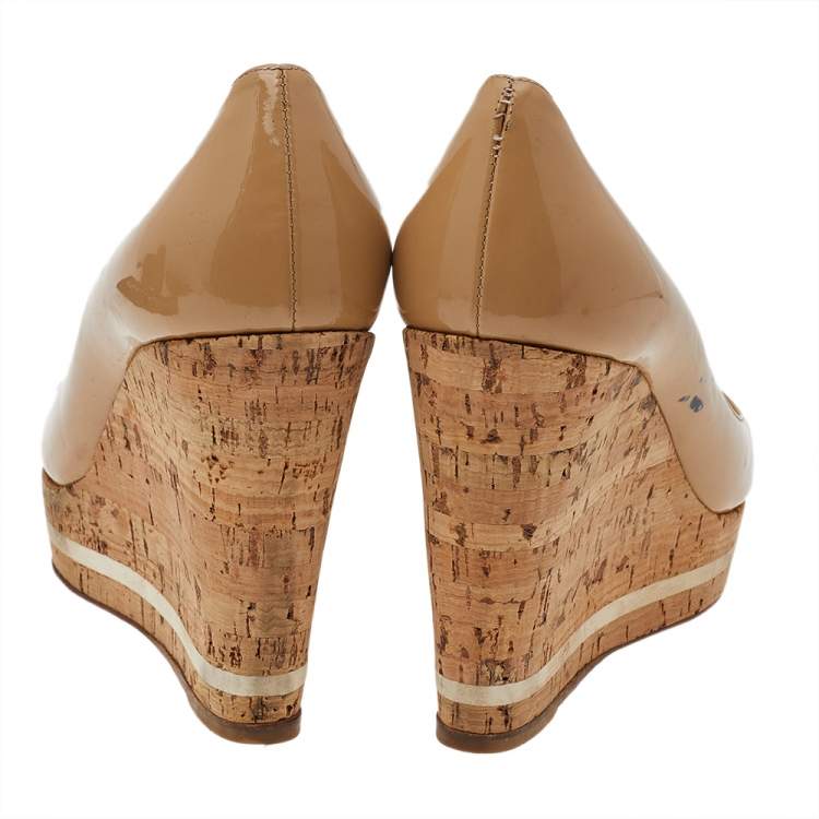 Pre Owned Prada Beige Patent Leather Peep Toe Cork Wedge Pumps Size 38.5