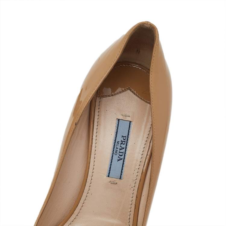 Pre Owned Prada Beige Patent Leather Peep Toe Cork Wedge Pumps Size 38.5