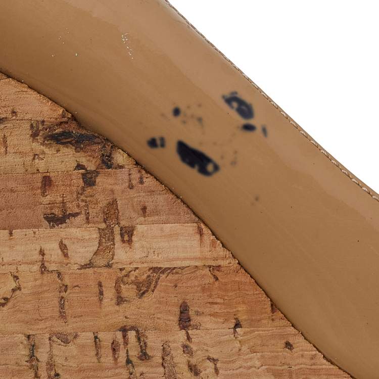 Pre Owned Prada Beige Patent Leather Peep Toe Cork Wedge Pumps Size 38.5