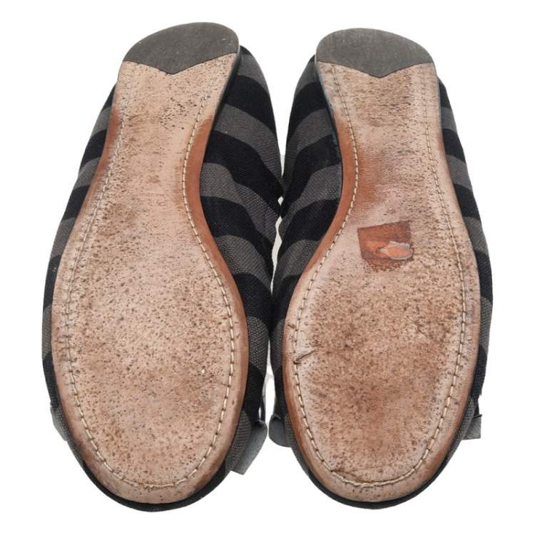Pre Owned Prada Black/Silver Canvas And Leather Bow Scrunch Ballet Flats Size 38.5