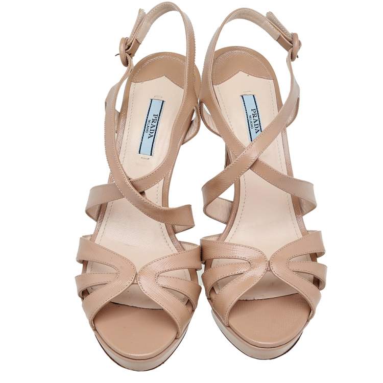 Pre Owned Prada Beige Patent Leather Strappy Platform Sandals Size 40