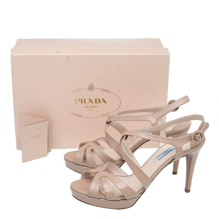 Pre Owned Prada Beige Patent Leather Strappy Platform Sandals Size 40