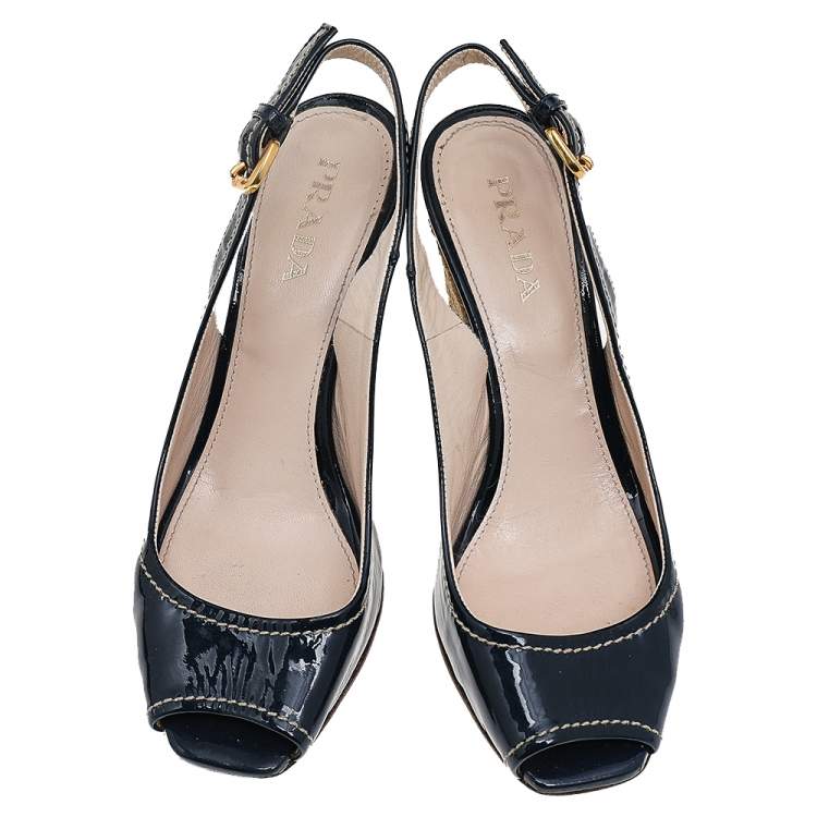 Pre Owned Prada Navy Blue Patent Leather Peep Toe Wedges Espadrilles Slingback Sandals Size 36