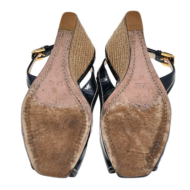 Pre Owned Prada Navy Blue Patent Leather Peep Toe Wedges Espadrilles Slingback Sandals Size 36