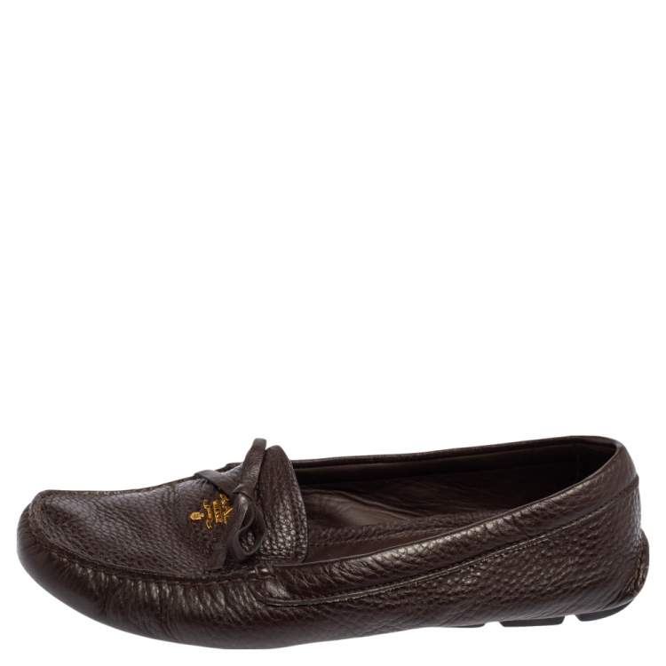 Prada Brown Grained Leather Bow Loafers Size 39 Prada | TLC