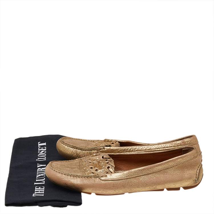 Pre Owned Prada Gold Leather Logo Slip On Loafers Size 40