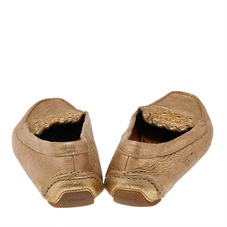 Pre Owned Prada Gold Leather Logo Slip On Loafers Size 40