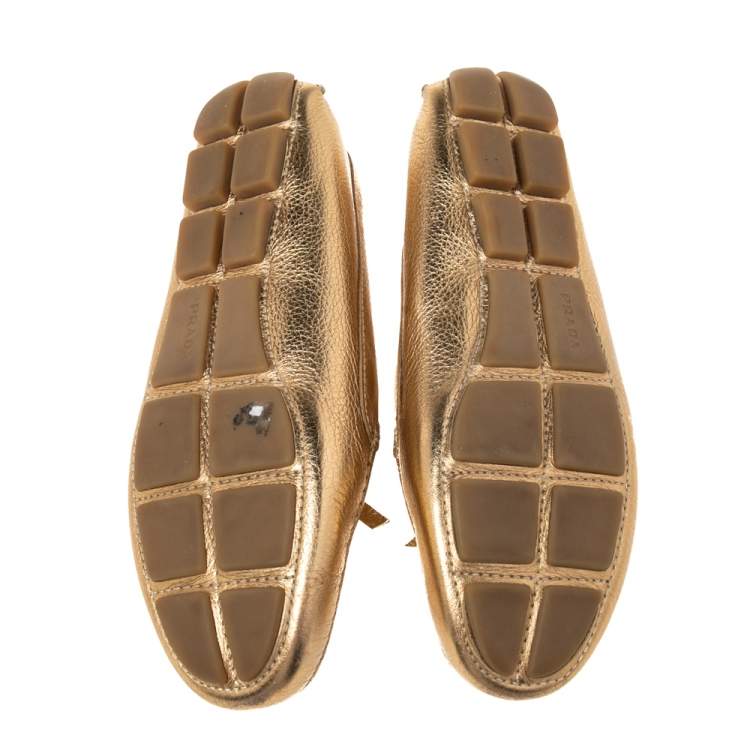 Pre Owned Prada Gold  Leather Slip On Loafers Size 37.5