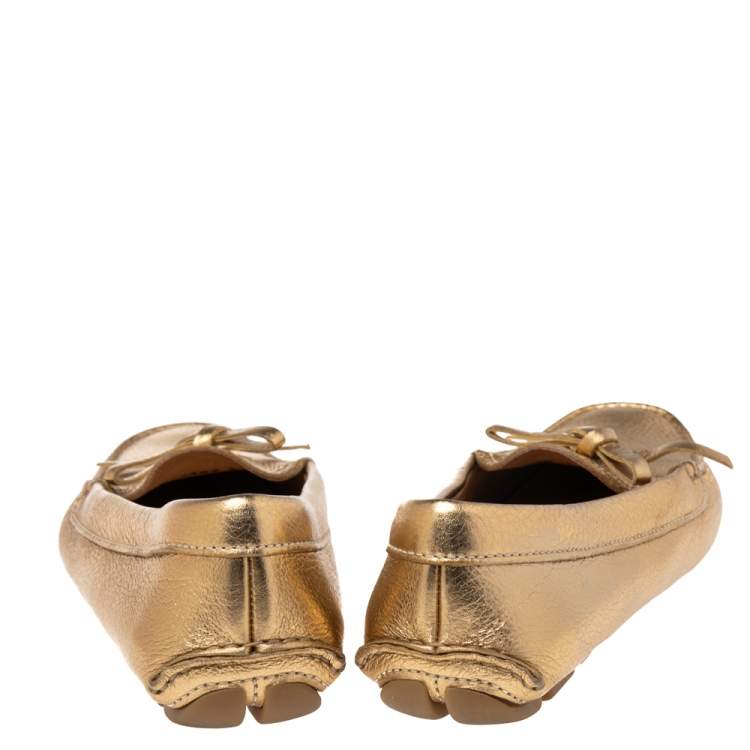 Pre Owned Prada Gold  Leather Slip On Loafers Size 37.5