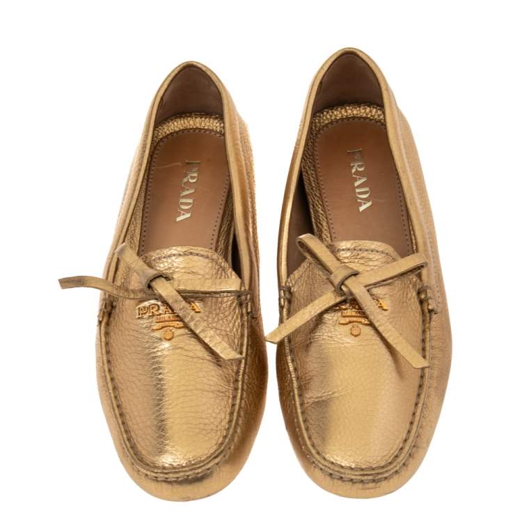 Pre Owned Prada Gold  Leather Slip On Loafers Size 37.5