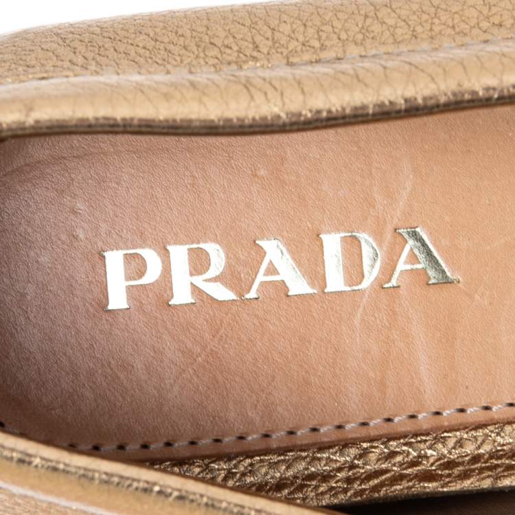 Pre Owned Prada Gold  Leather Slip On Loafers Size 37.5