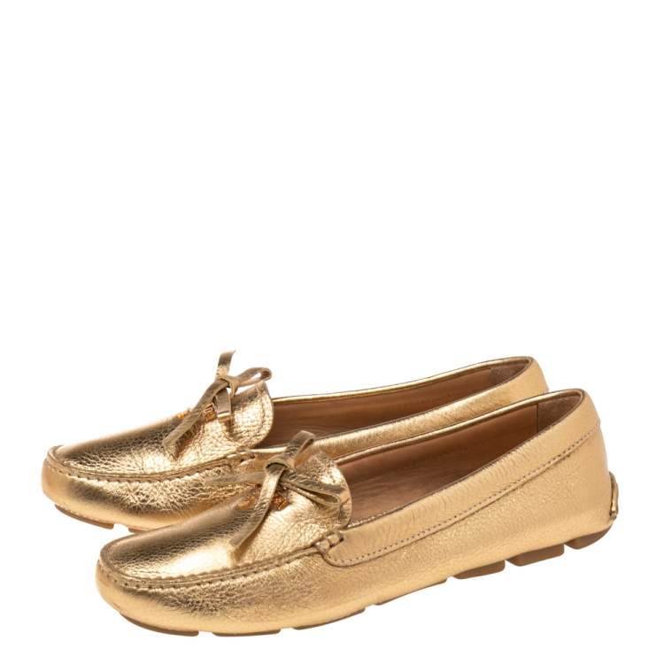 Pre Owned Prada Gold  Leather Slip On Loafers Size 37.5