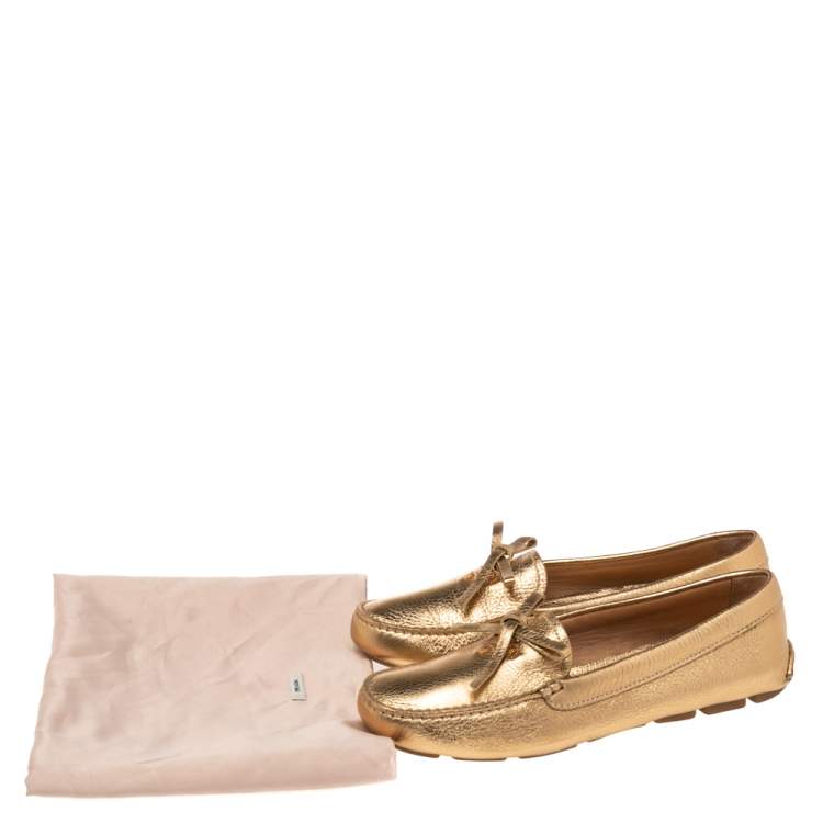 Pre Owned Prada Gold  Leather Slip On Loafers Size 37.5