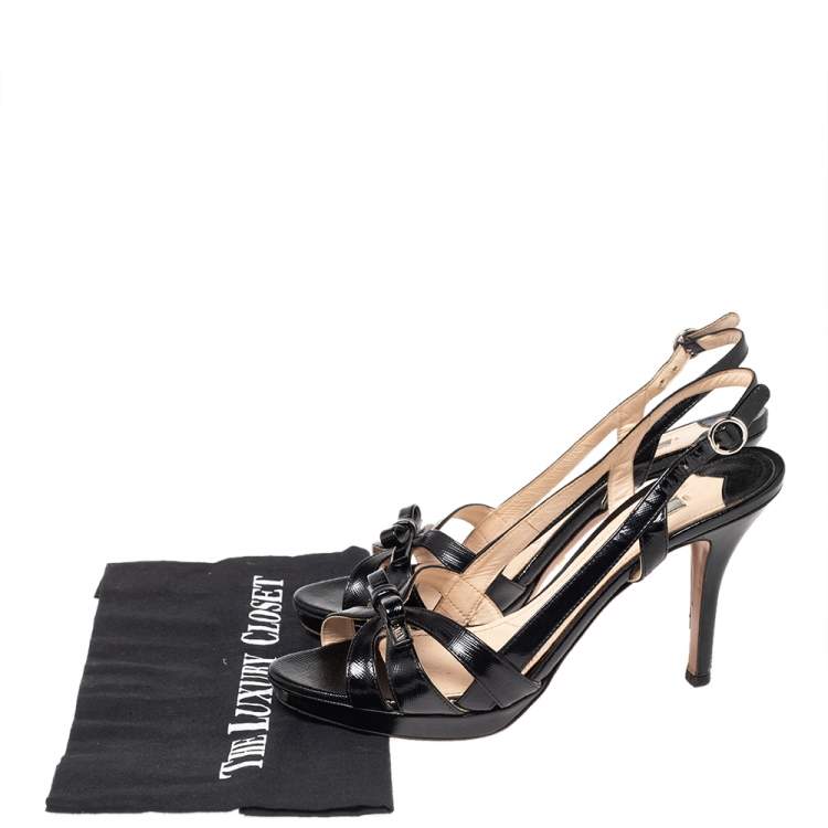 Pre Owned Prada Black Strappy Patent Leather Bow Open Toe Slingback Sandals Size 39.5