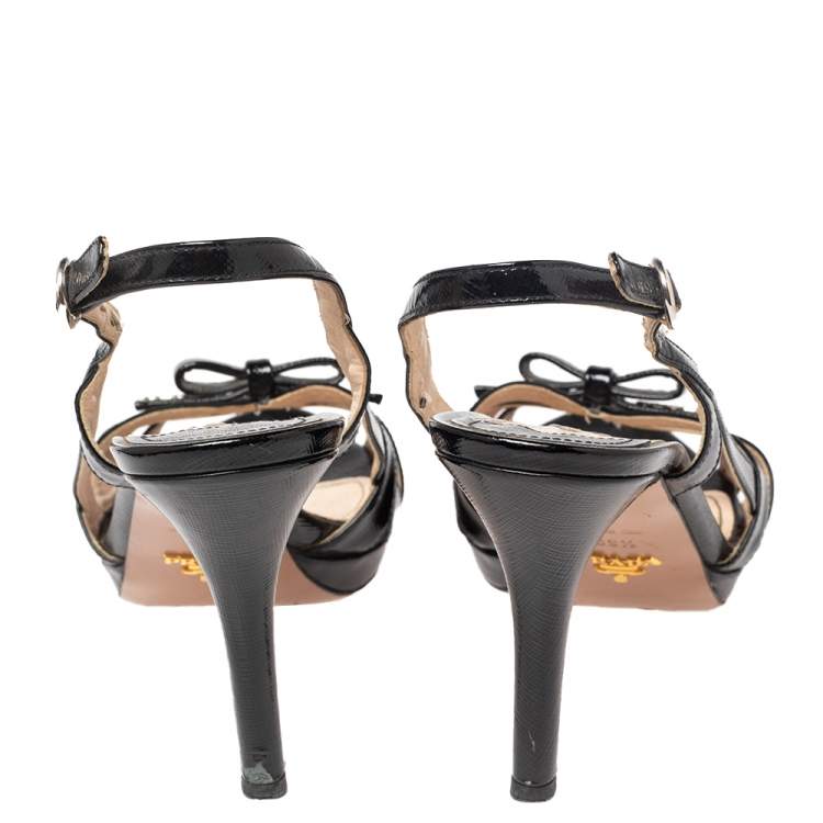 Pre Owned Prada Black Strappy Patent Leather Bow Open Toe Slingback Sandals Size 39.5