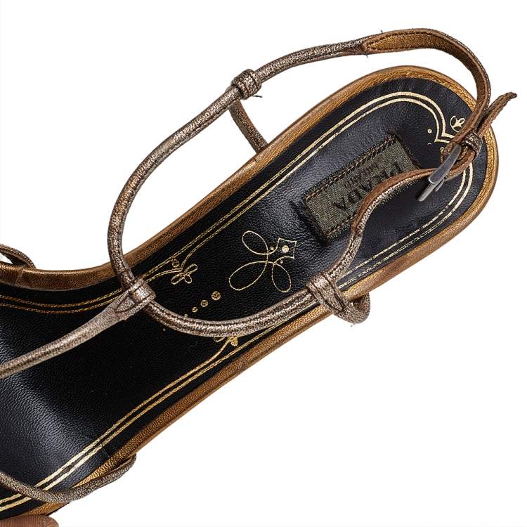 Pre Owned Prada Metallic Grey Leather Strappy Ankle Strap Sandals Size 36.5